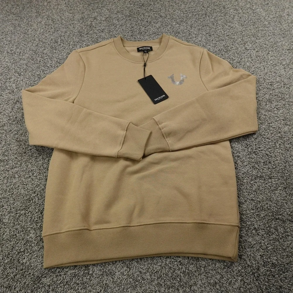 NEW True Religion Sweatshirt Mens S‎ Beige Buddha Logo Pullover Crewneck Sweater